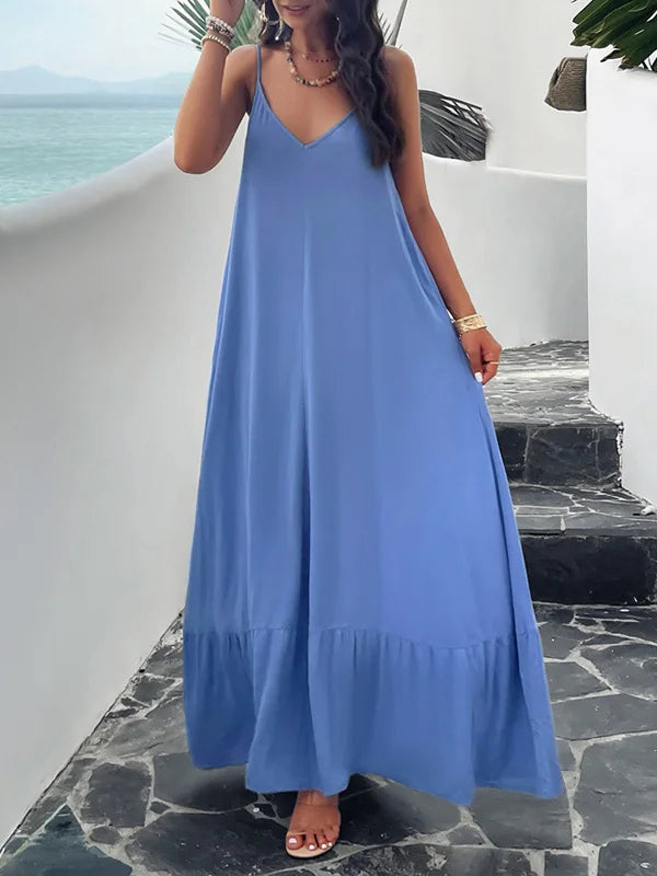 LD Long sleeveless single-color pleated dresses