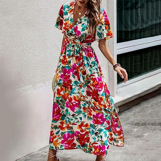 Mc | Belted dress with tropical print and high waist