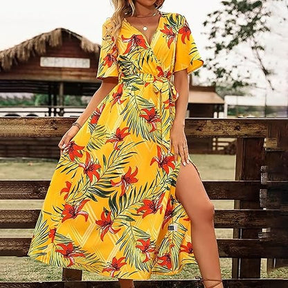 Mc | Belted dress with tropical print and high waist