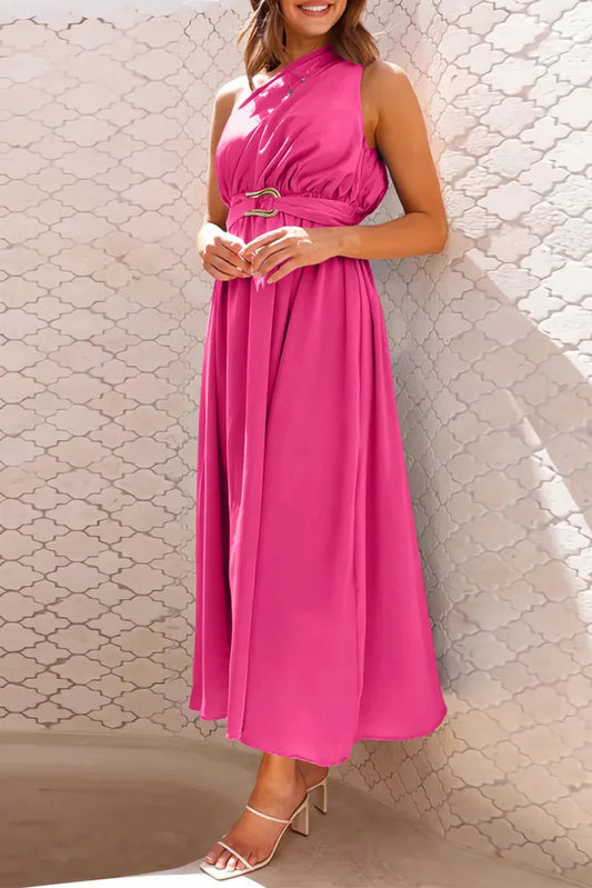 Elegant evening dresses with a sloping neckline and solid metallic accessory embellishments