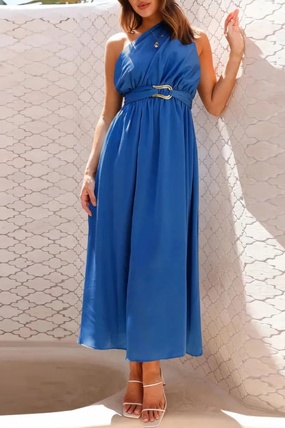 Elegant evening dresses with a sloping neckline and solid metallic accessory embellishments