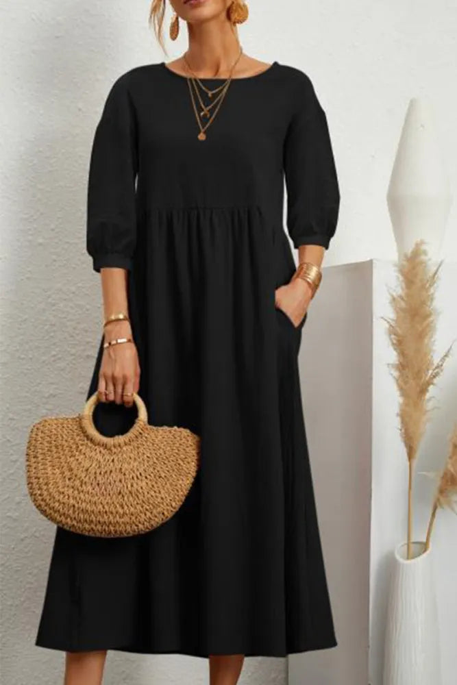 LP | Casual monochromatic A-line dresses with O-neckline