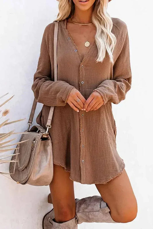Seersucker mini dresses with frills and long sleeves