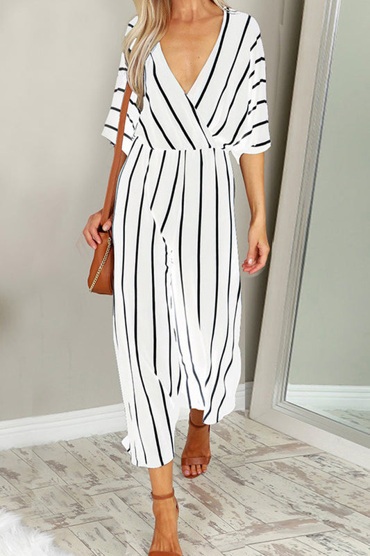 Striped jumpsuit with V-neck and wide legs