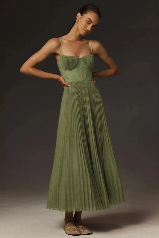 Elegant dress with narrow straps and pleated midi skirt