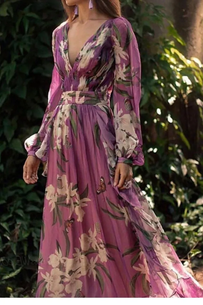 LP | Linda - New printed long-sleeved chiffon dresses for wedding guests with V-neckline