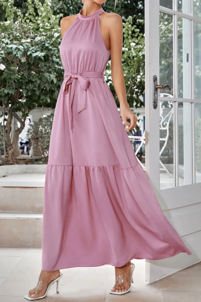 LP | Micaela - Elegant one-colored maxi dress with neckline and lacing