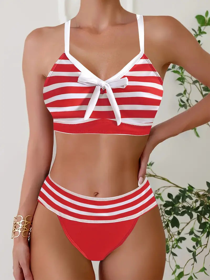 Sexy striped print bow V-neck bikini