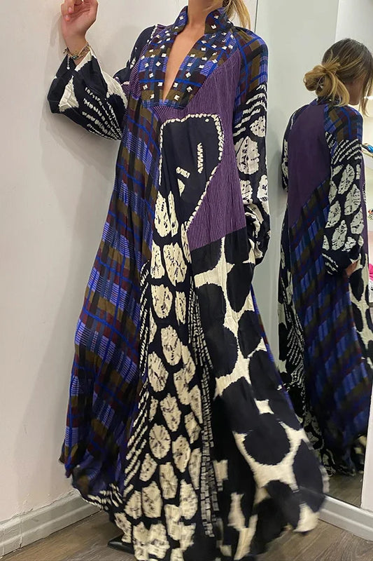 Mc | Rhiane - Creative maxi dress with long sleeves, color block print and pockets