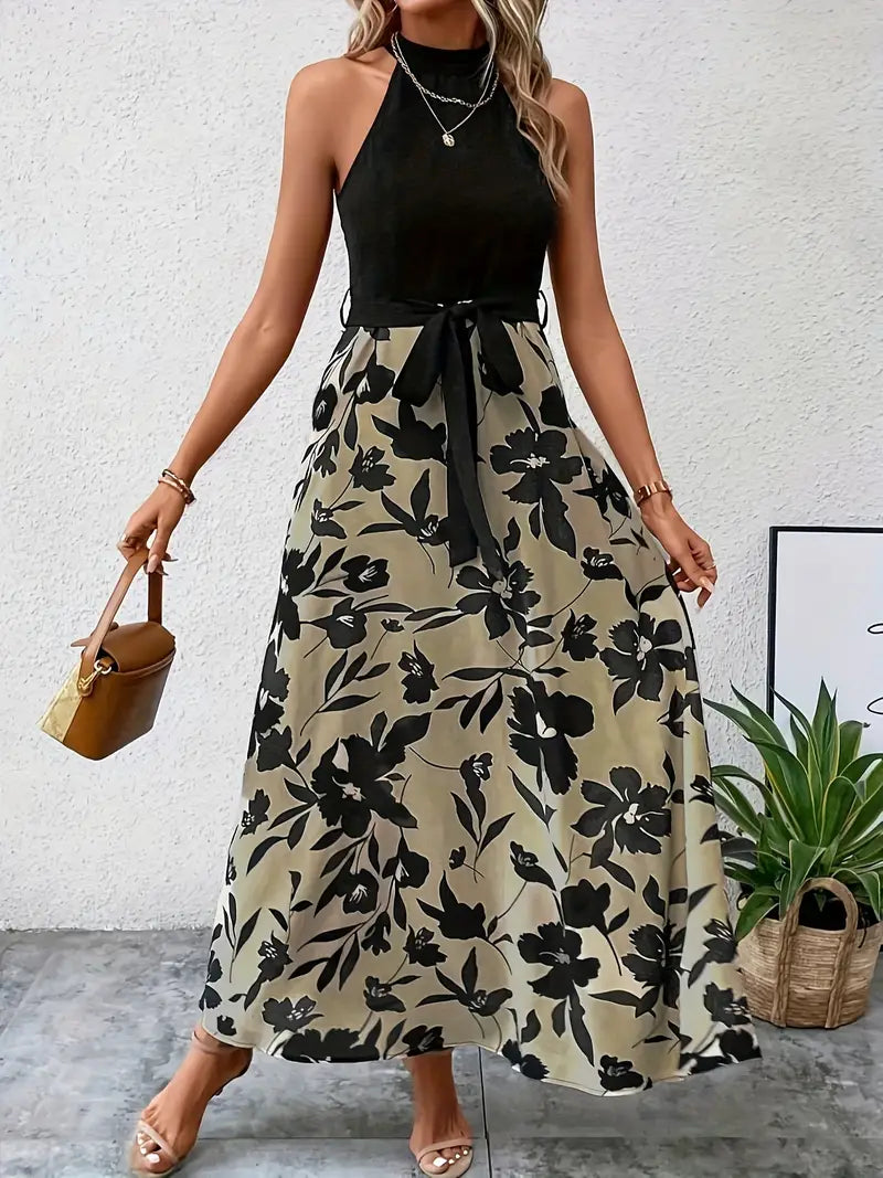 Mc | Split dress with high neck and floral print