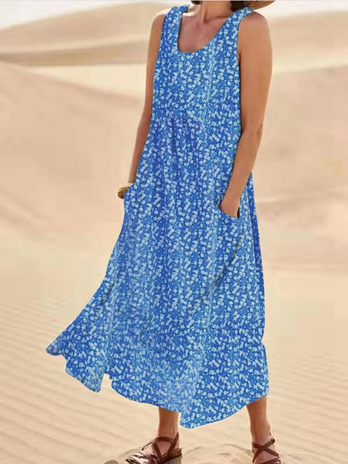 LP | Emma - Sleeveless pocket dress with round neckline, large, swinging floral dress, size L