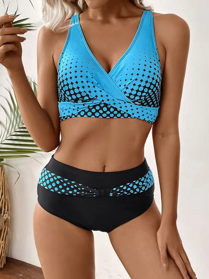Fashionable and chic bikini with random print and V-neckline