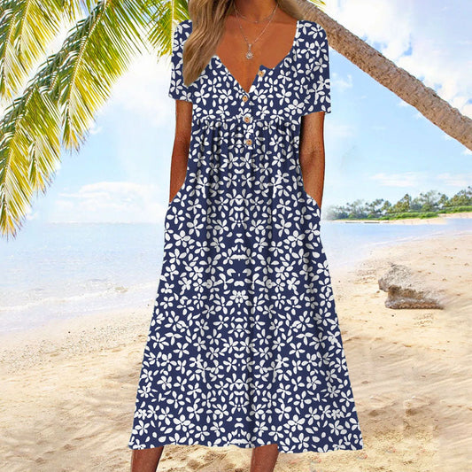 Casual midi dress with floral print and short sleeves, ideal to wear every day