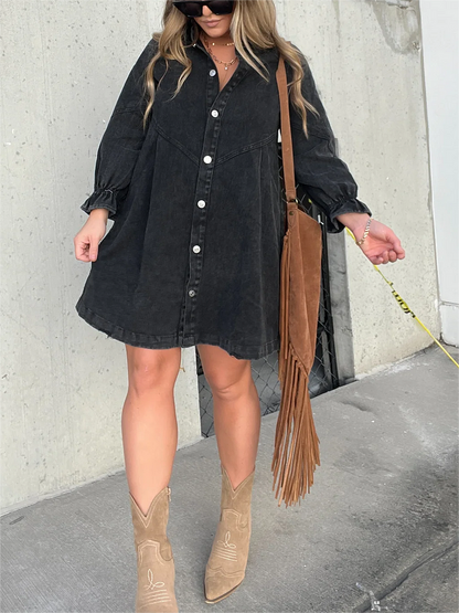 Washed denim dress with puff sleeves