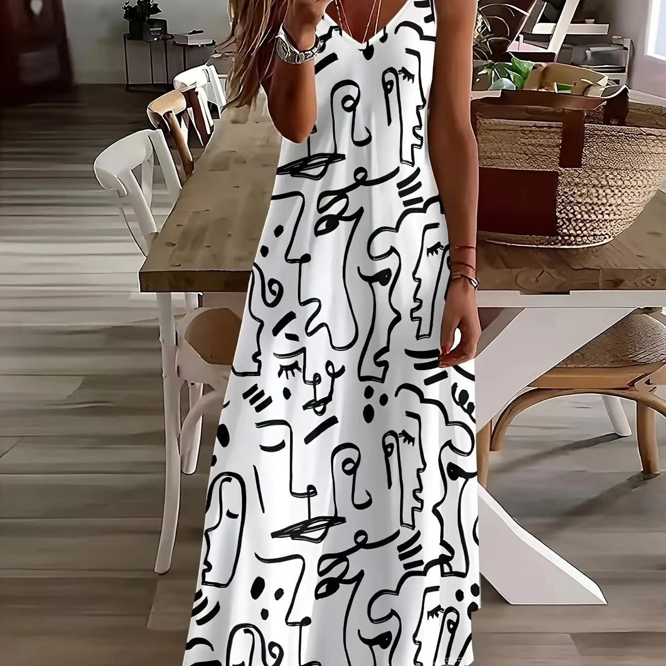 LP | Fresh geometric print V-neck Long Dress for suspenders Summer vacation Ankle length Beach and sea Dress for suspenders