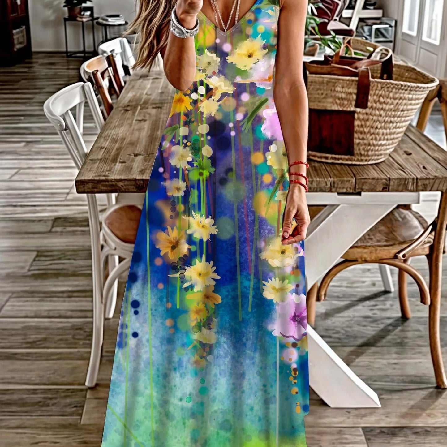 LP | Fresh geometric print V-neck Long dress for suspenders Summer vacation Ankle-length Beach and sea Dress for suspenders