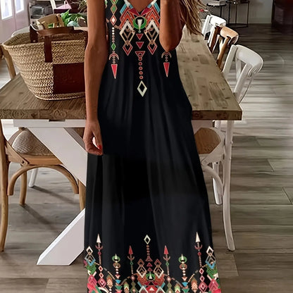 LP | Fresh geometric print V-neck Long Dress for suspenders Summer vacation Ankle length Beach and sea Dress for suspenders