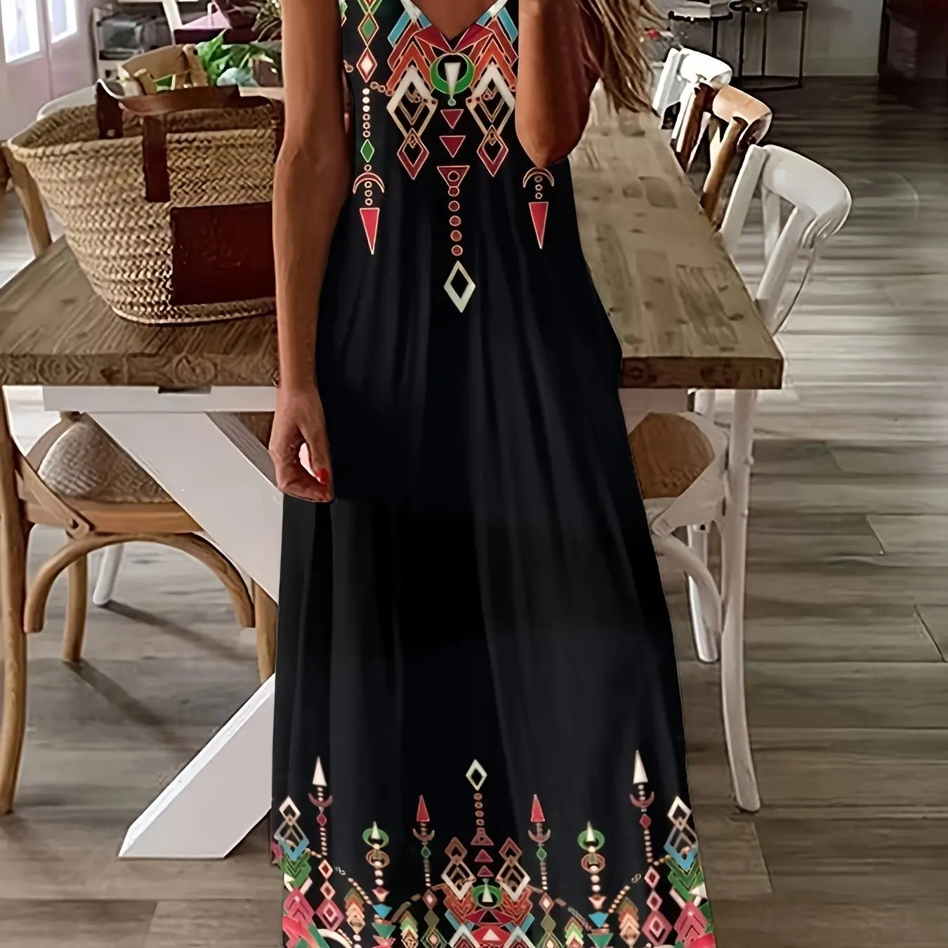 LP | Fresh geometric print V-neck Long dress for suspenders Summer vacation Ankle-length Beach and sea Dress for suspenders