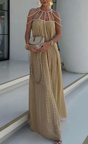 Mc | Modern and sophisticated linen-blend draped maxi dress with trim
