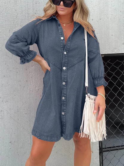 Mc | Washed denim dress with puff sleeves