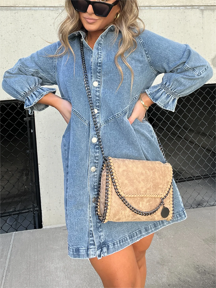 Mc | Washed denim dress with puff sleeves