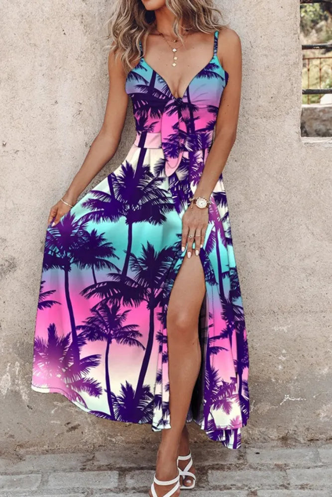 LP | Casual printed maxi dress with high neck and spaghetti straps