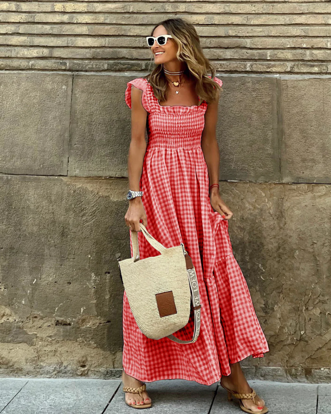 Mc | Maxi dress with ruffled sleeves and checkerboard ruffles