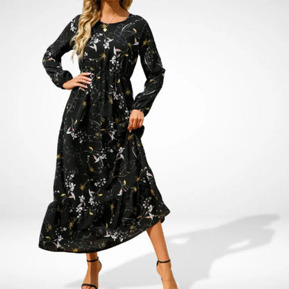 Loose long dress with floral print and long sleeves