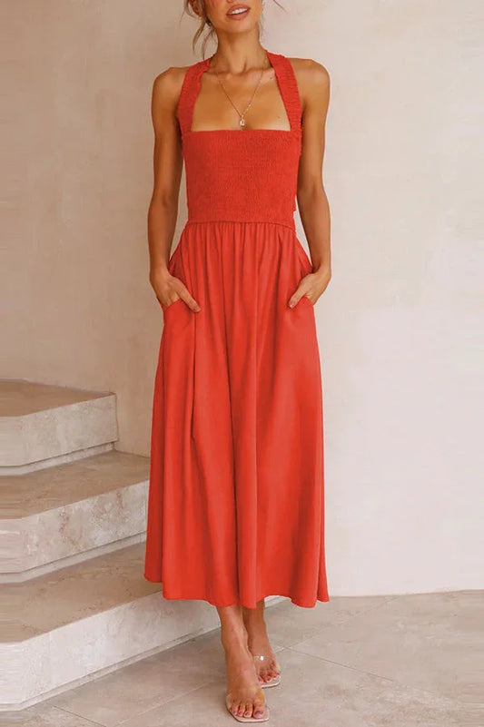 LP | Midi dress with pockets and crisscross back flounce