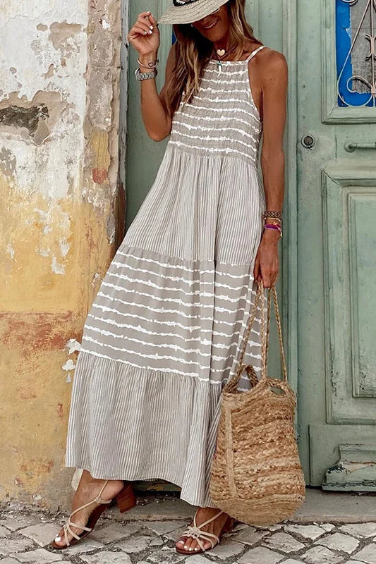 LP | Long, flared dress with one-neck collar and summer stripes