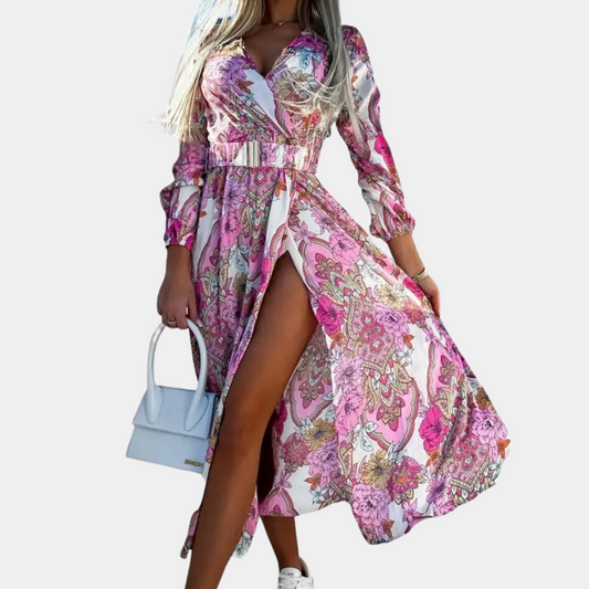 Ladies long dress with slit and belt