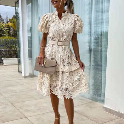 Mc | Women's lace dress with puff sleeves and belt.