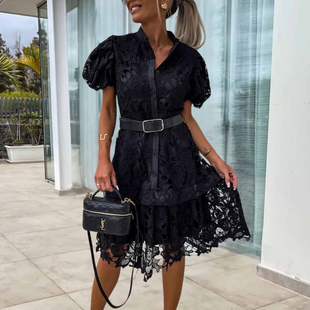 Mc | Women's lace dress with puff sleeves and belt.