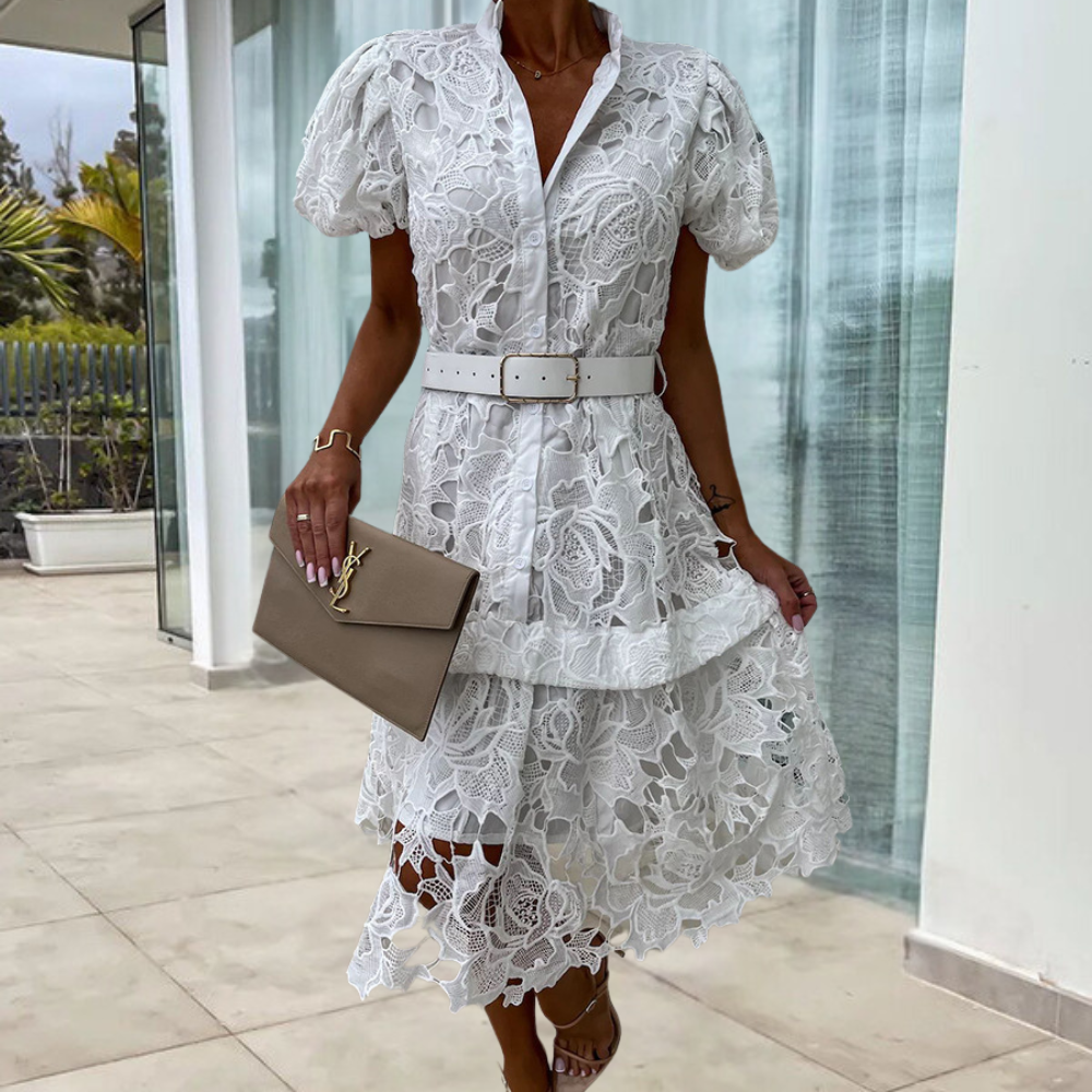 Mc | Women's lace dress with puff sleeves and belt.