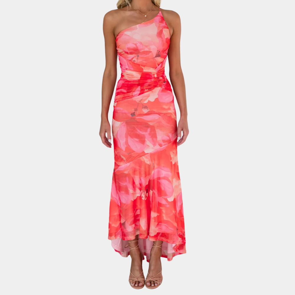 Mc | Long embellished dress with asymmetric shoulder