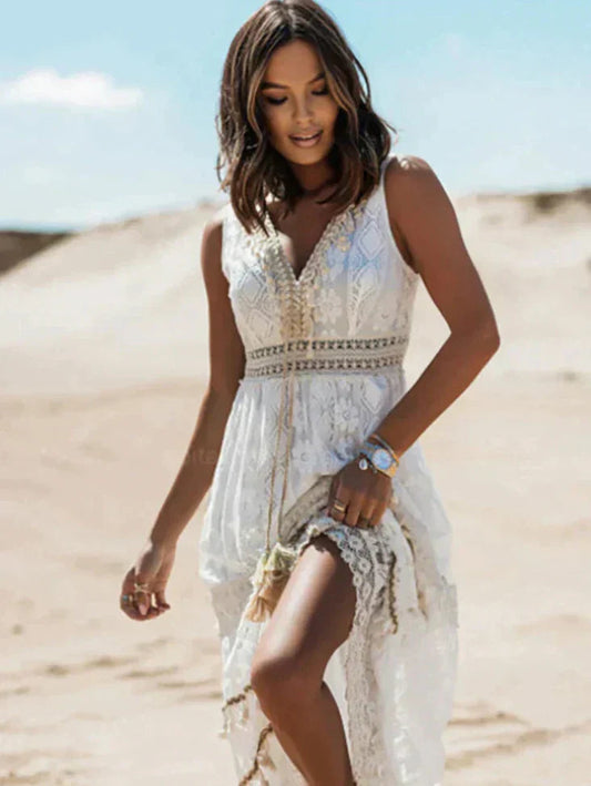 LD Long sleeveless bohemian dress with openwork details