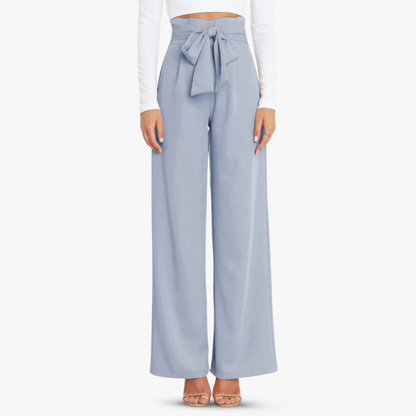 Wide-leg fabric pants for ladies with tie belt
