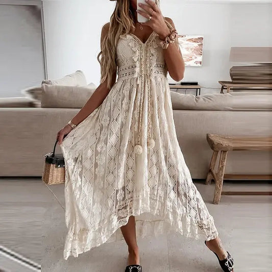 LD Long summer dress with openwork details and elegant styling