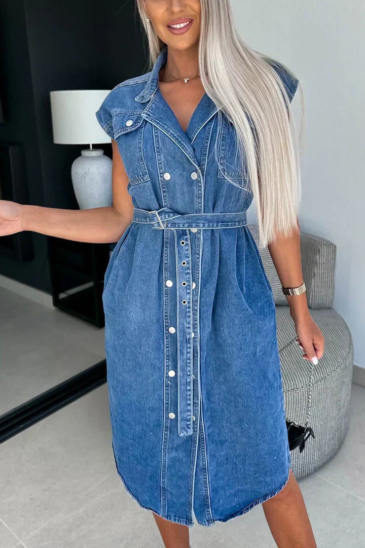 Denim dress with straps and short sleeves