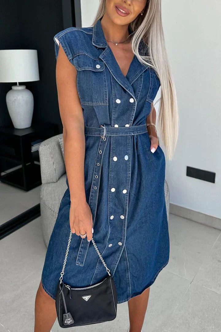 Denim dress with straps and short sleeves