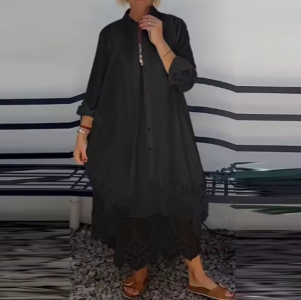 Long dress with trendy details and lightweight jacket included