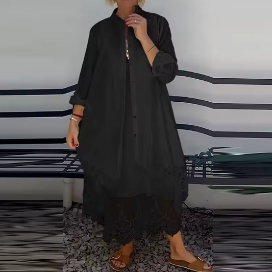Long dress with trendy details and lightweight jacket included