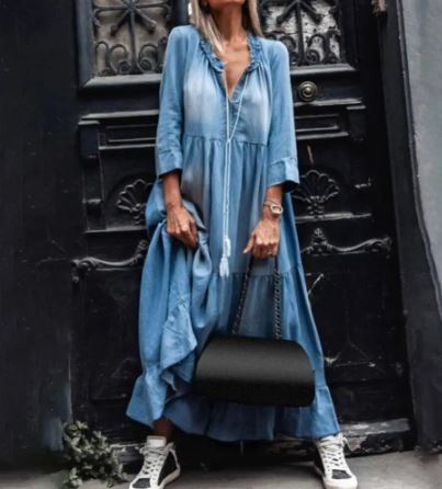 LP | Vintage lace denim maxi dress with V-neck and wide hemline