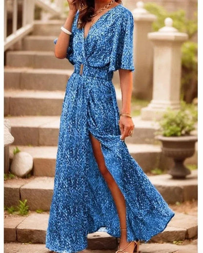 Mc | Elegant maxi dress with V-neck, short sleeves and beautiful floral print