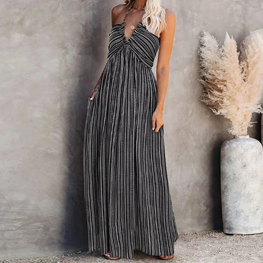 LD Striped A-line maxi dress with deep neckline and bow on back