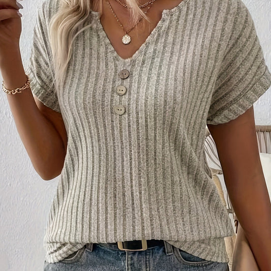 Striped casual T-shirt - V-neck with button fastening