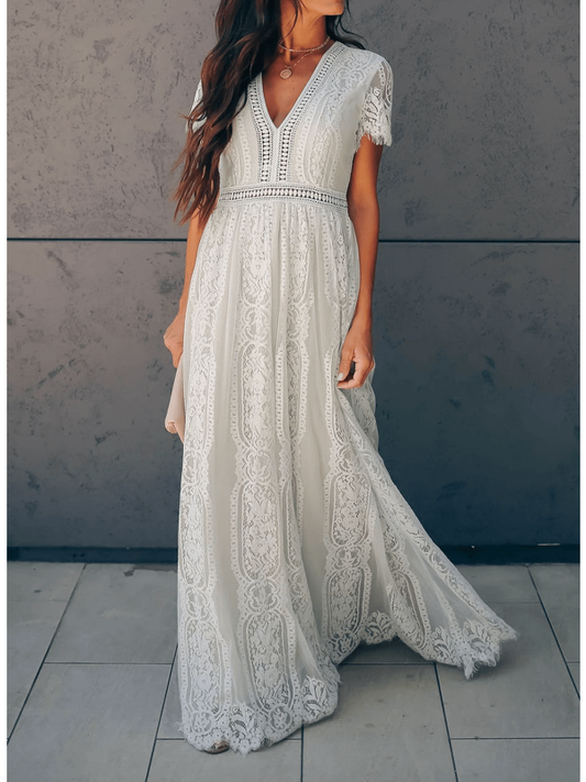 Mc | short-sleeved maxi dress with V-neck and lace
