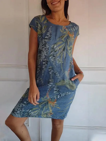 LP | Printed cotton and linen dress with round neckline for women