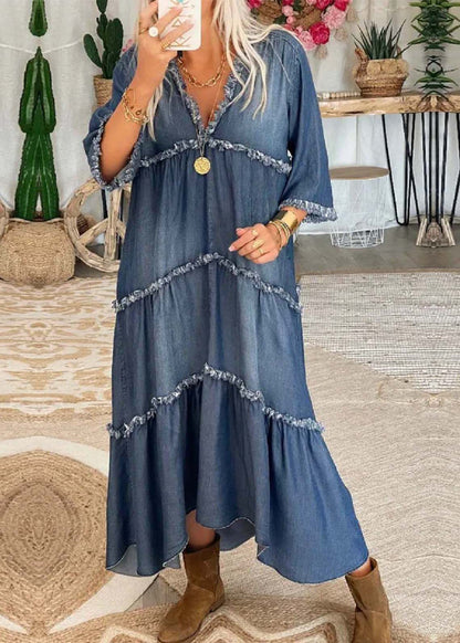 Long denim dress with tassels and V-neck in navy blue with half-sleeves