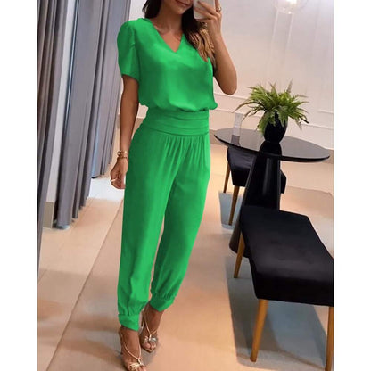 Women's set - Chic - V-neck blouse and elastic pants - Ideal for everyday wear